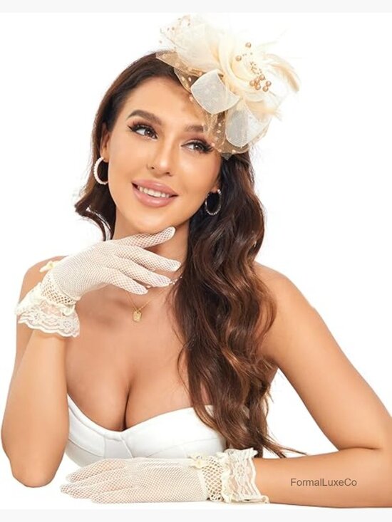 Fascinator Hat with Clip and Lace Gloves Set Wedding Cocktail Party main image 6